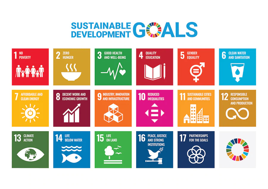 Übersicht der siebzehn  Sustainable Development Goals der UN, die verschiedenfarbig illustriert ist. 